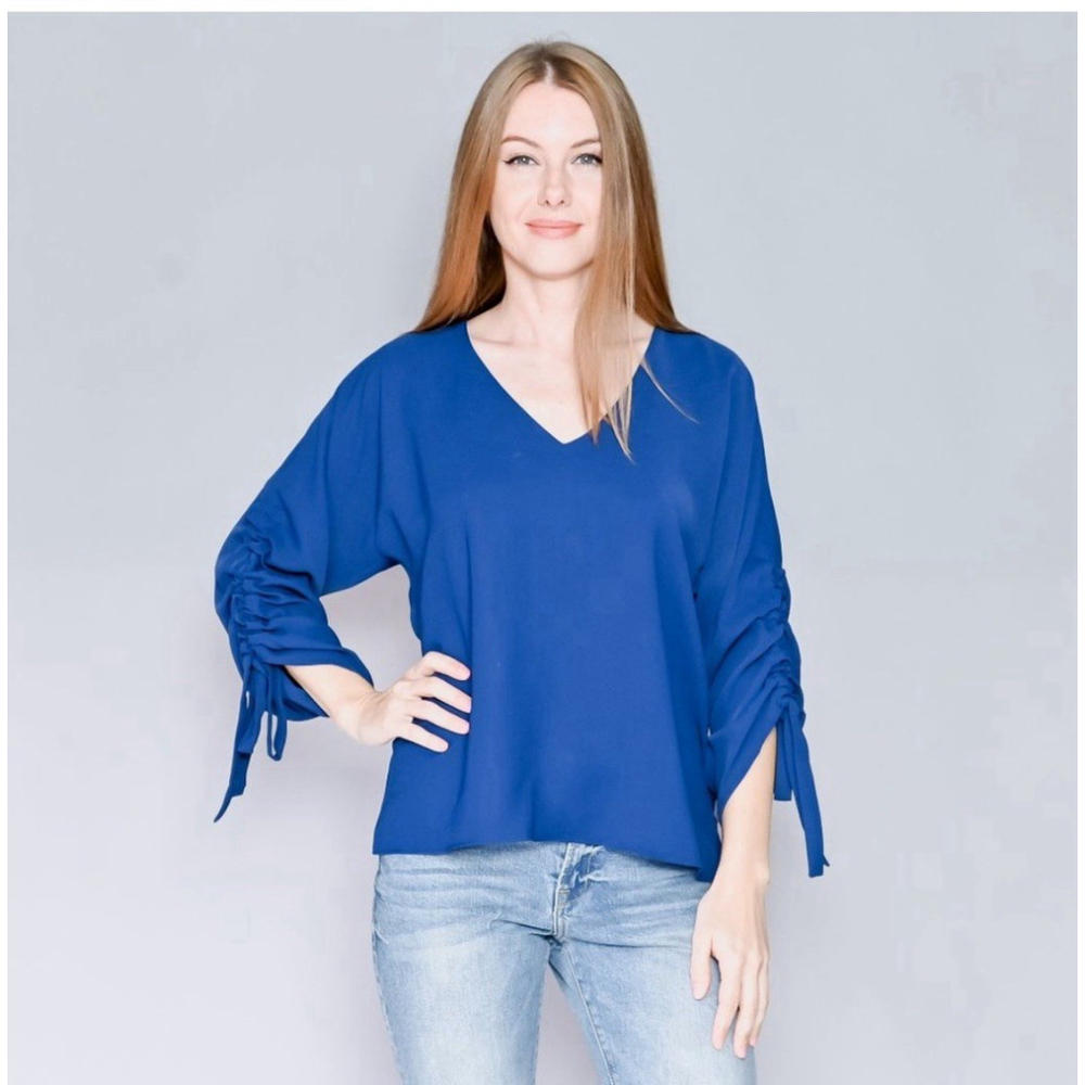 Amanda Uprichard Wheatley‎ Top Women’s Size S Blue V-neck Ruched Tie Sleeve New
